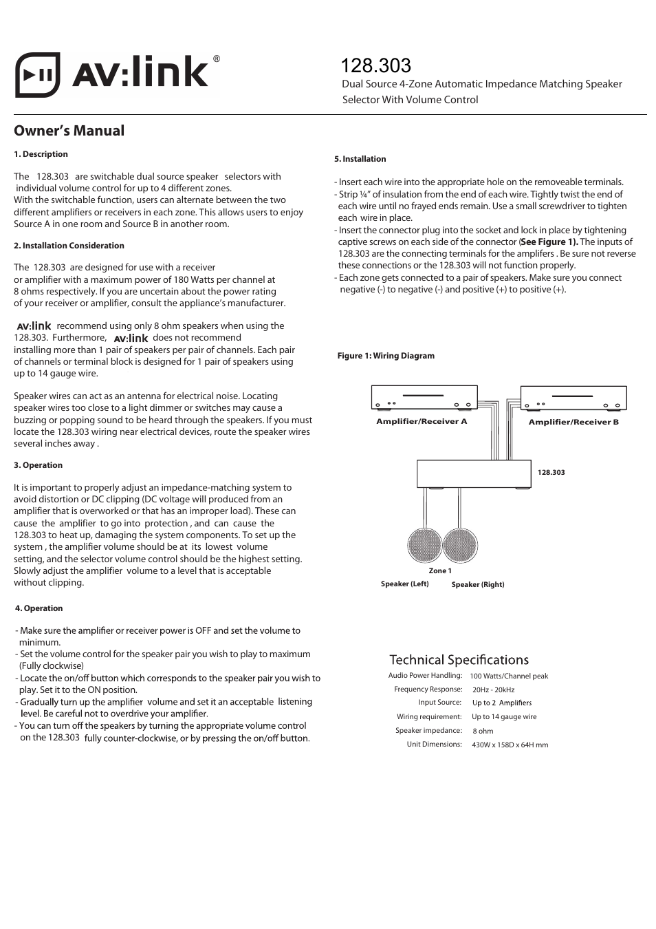 AVSL 128.303 2:4 AUDIO MANAGEMENT SPEAKER SELECTOR User Manual | 1 page