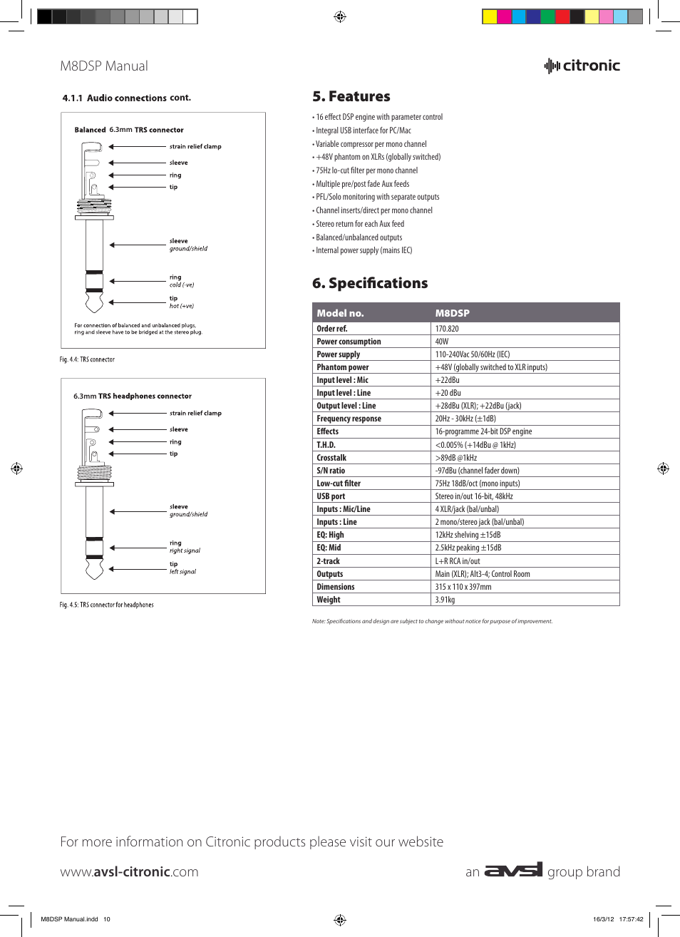 Features 6. specifications, M8dsp manual | AVSL 170.820 M8DSP User Manual | Page 10 / 10