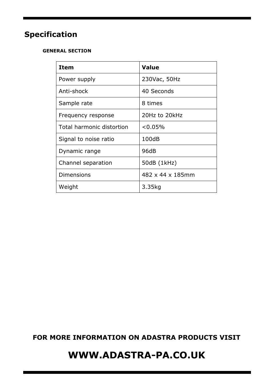 Specification, For more information on adastra products visit | AVSL 952.980 AD-200 User Manual | Page 8 / 8