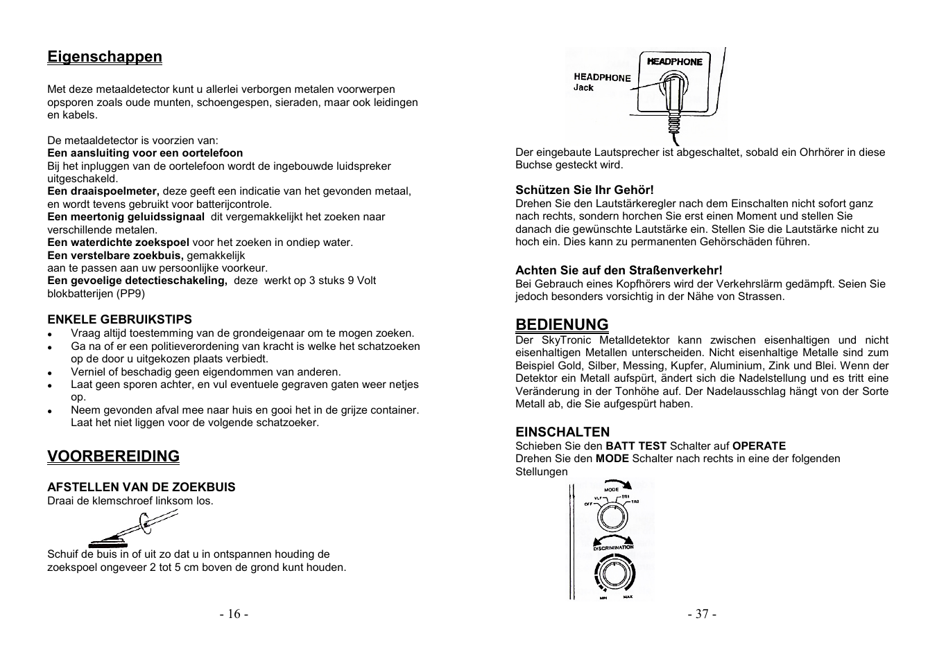 Eigenschappen, Voorbereiding, Bedienung | AVSL 499.921 PROFESSIONAL METAL DETECTOR User Manual | Page 16 / 26