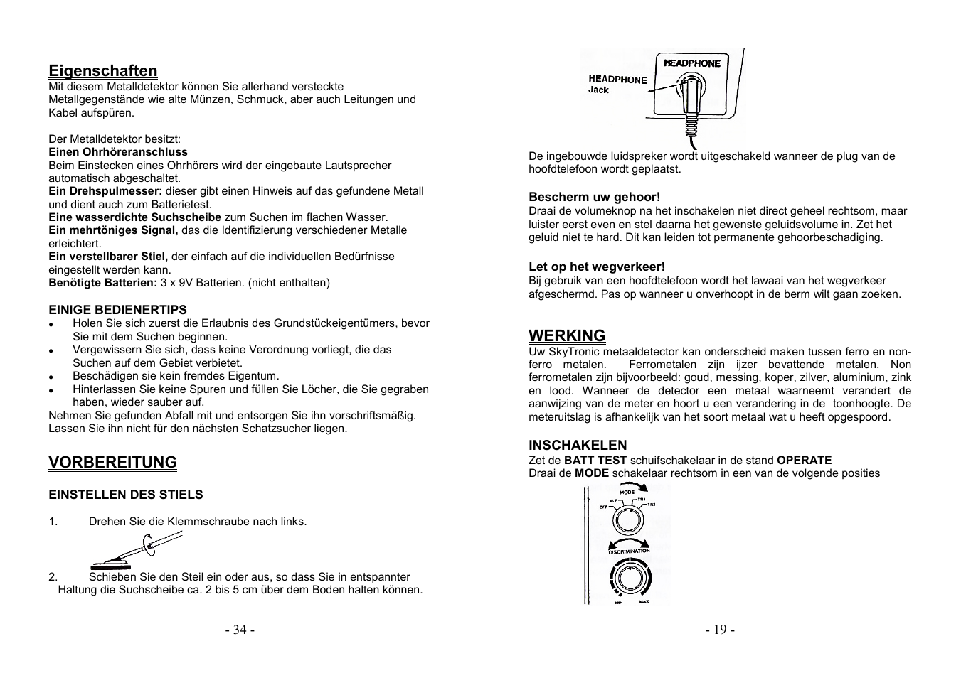 Eigenschaften, Vorbereitung, Werking | AVSL 499.921 PROFESSIONAL METAL DETECTOR User Manual | Page 19 / 26