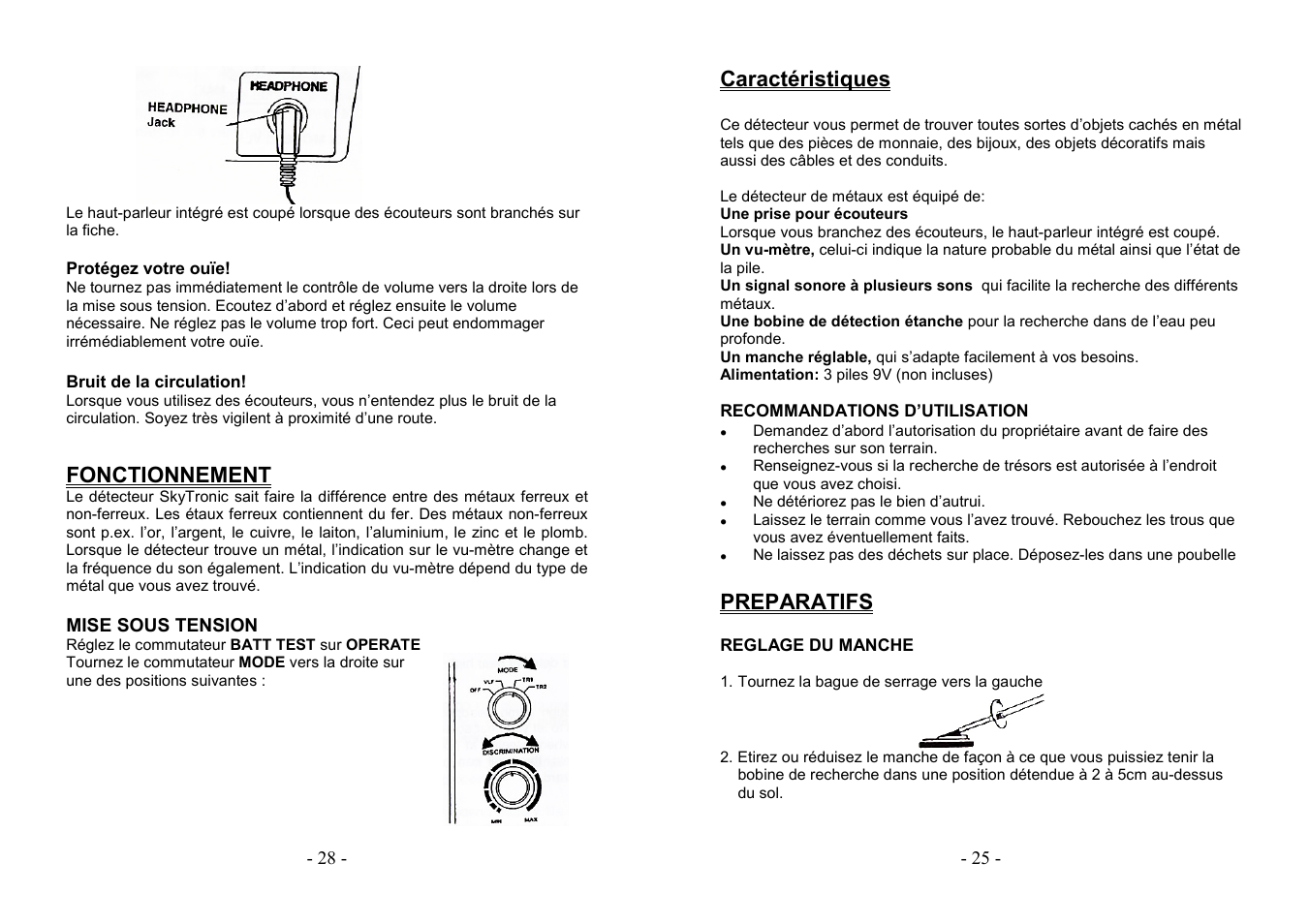 Fonctionnement, Caractéristiques, Preparatifs | AVSL 499.921 PROFESSIONAL METAL DETECTOR User Manual | Page 25 / 26