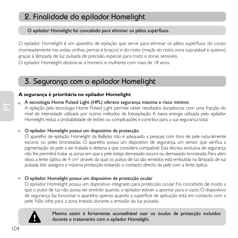 Finalidade do epilador homelight, Segurança com o epilador homelight | Babyliss G920E Homelight Face & Body User Manual | Page 102 / 224