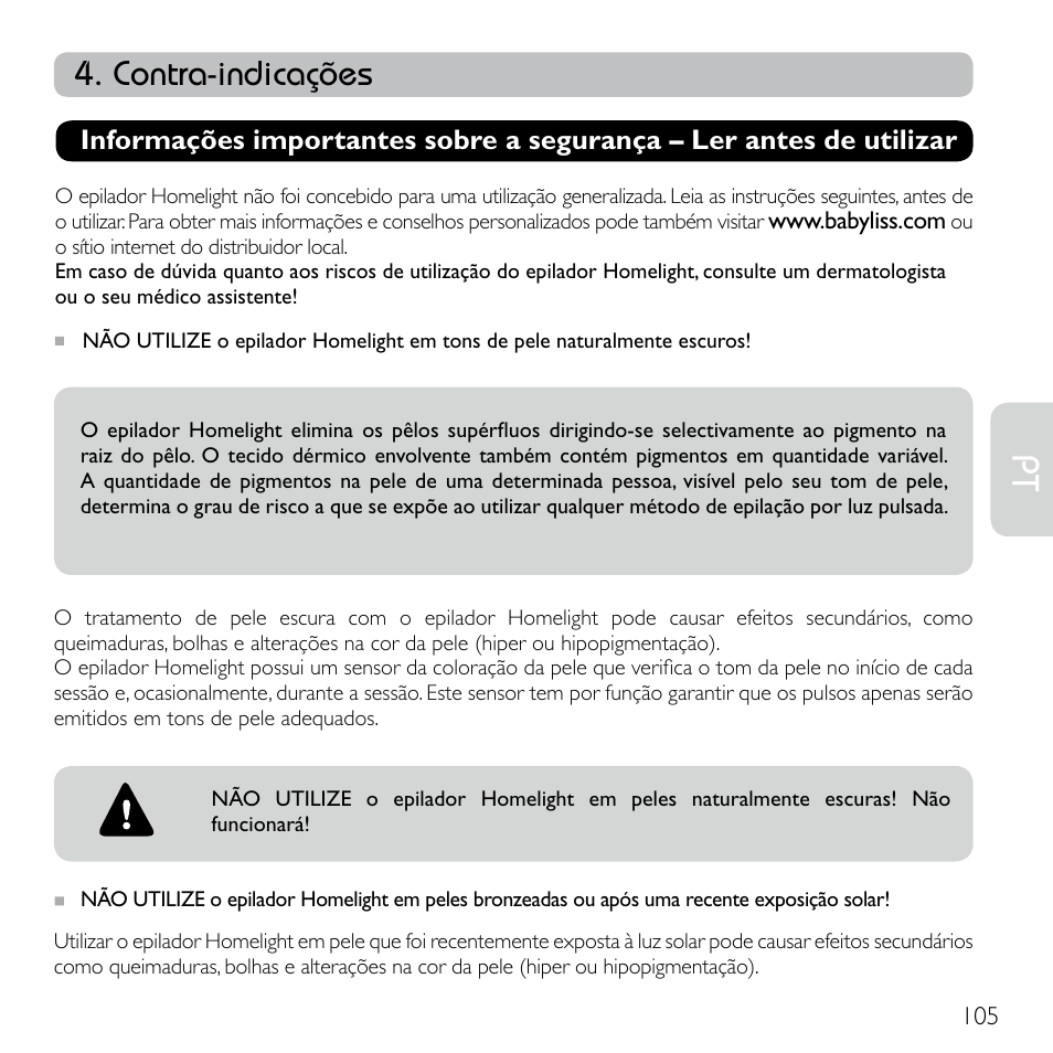 Contra-indicações | Babyliss G920E Homelight Face & Body User Manual | Page 103 / 224