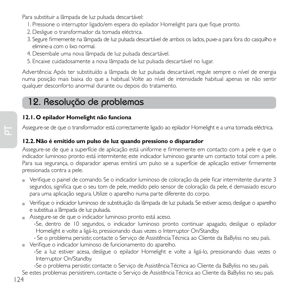 Resolução de problemas | Babyliss G920E Homelight Face & Body User Manual | Page 122 / 224