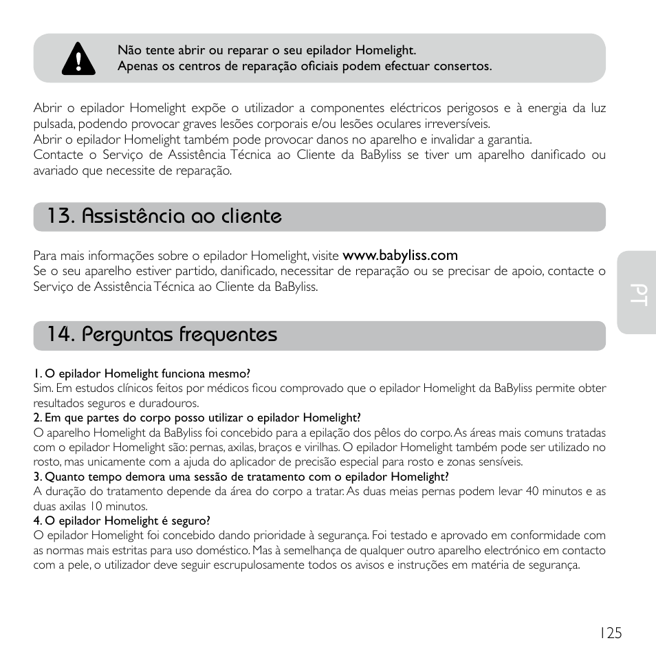 Assistência ao cliente, Perguntas frequentes | Babyliss G920E Homelight Face & Body User Manual | Page 123 / 224