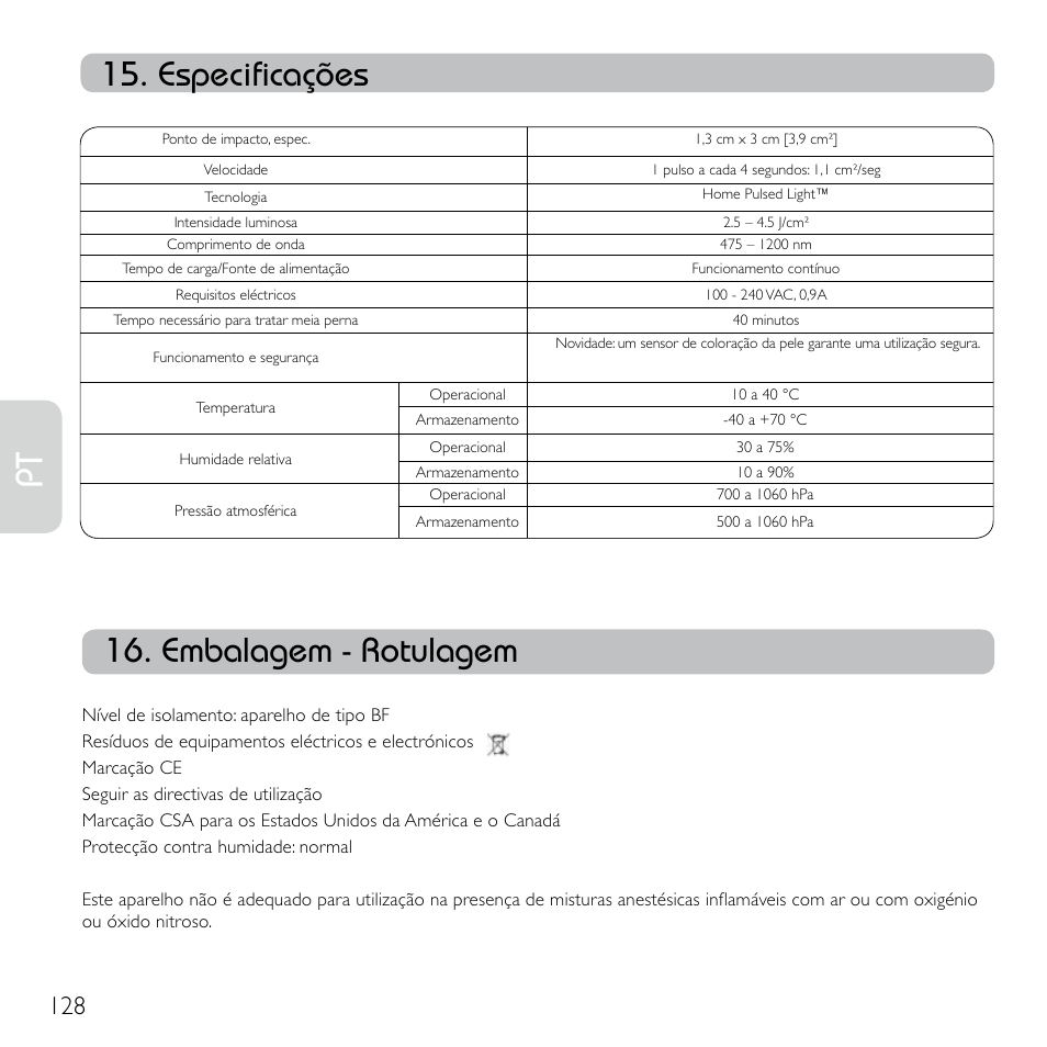 Especificações, Embalagem - rotulagem | Babyliss G920E Homelight Face & Body User Manual | Page 126 / 224