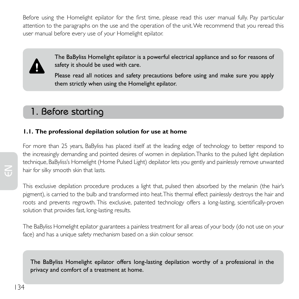 Before starting | Babyliss G920E Homelight Face & Body User Manual | Page 132 / 224