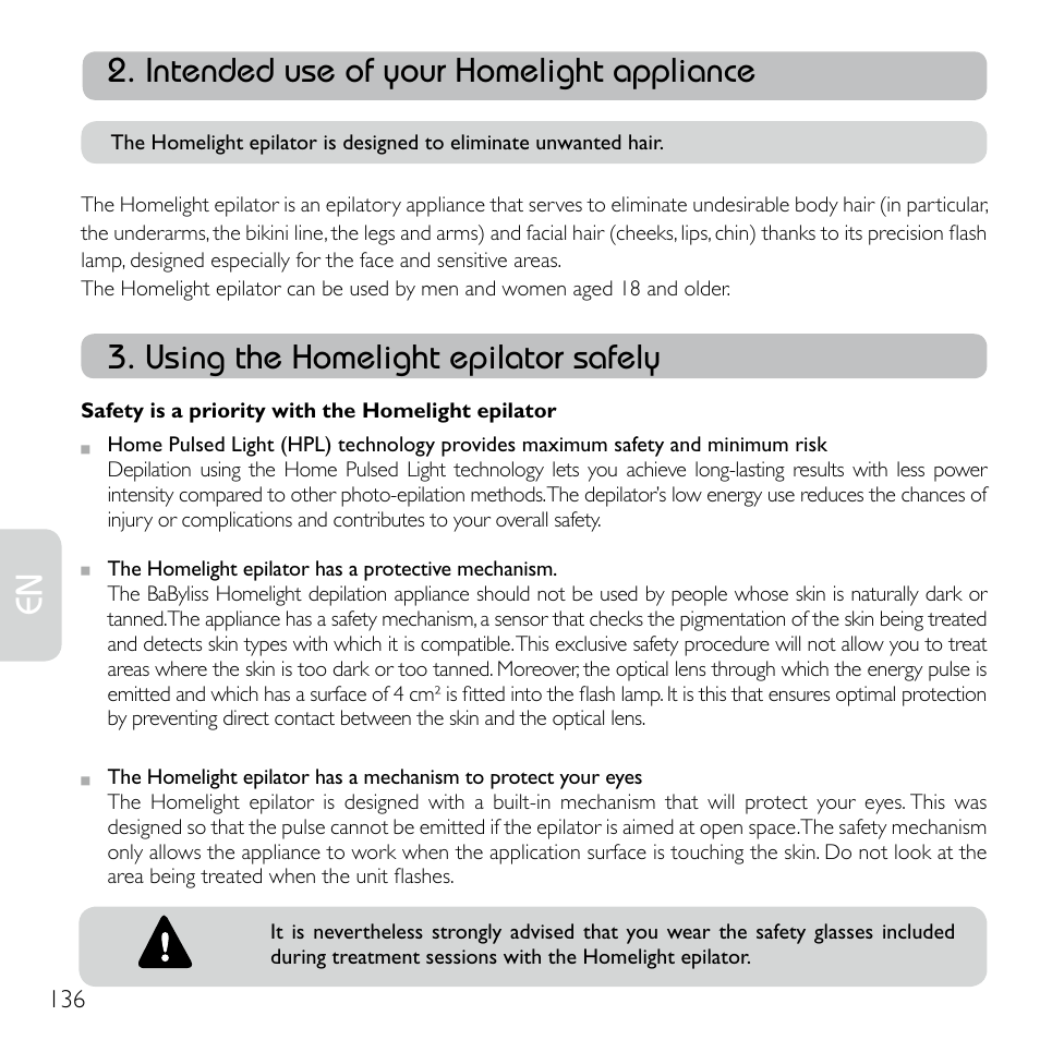 Intended use of your homelight appliance, Using the homelight epilator safely | Babyliss G920E Homelight Face & Body User Manual | Page 134 / 224