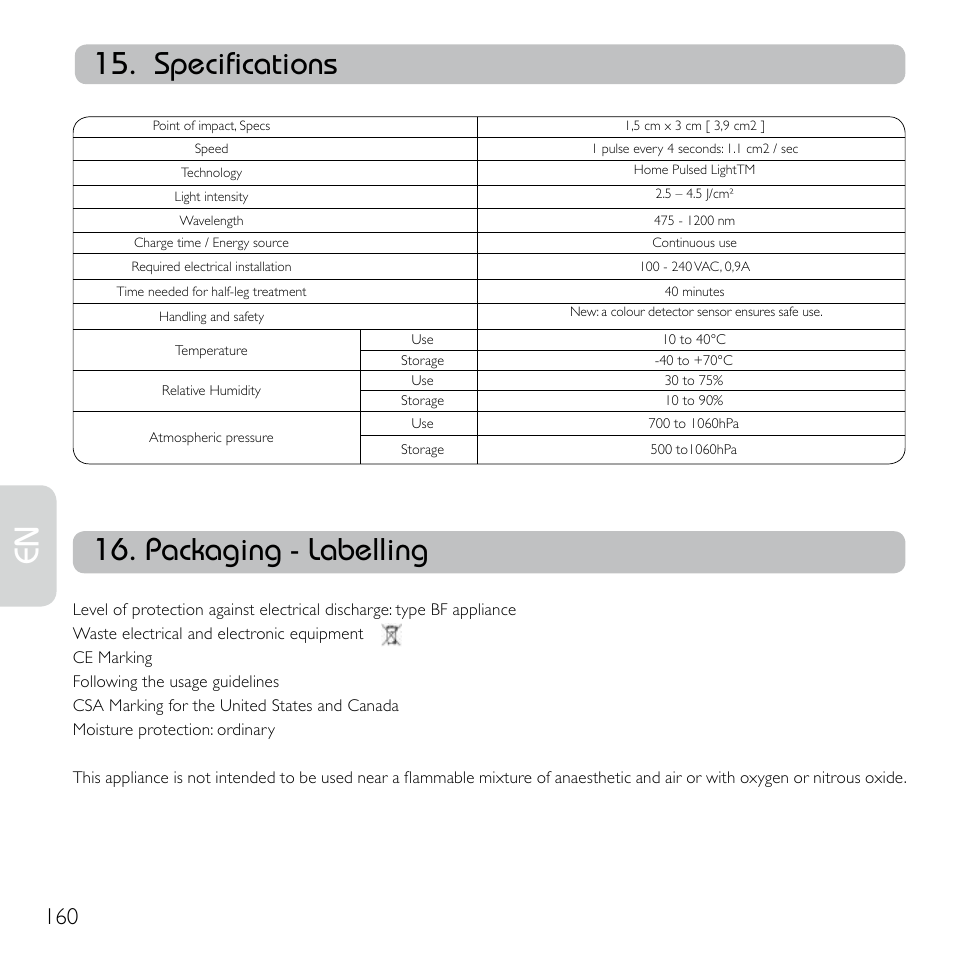 Specifications, Packaging - labelling | Babyliss G920E Homelight Face & Body User Manual | Page 158 / 224