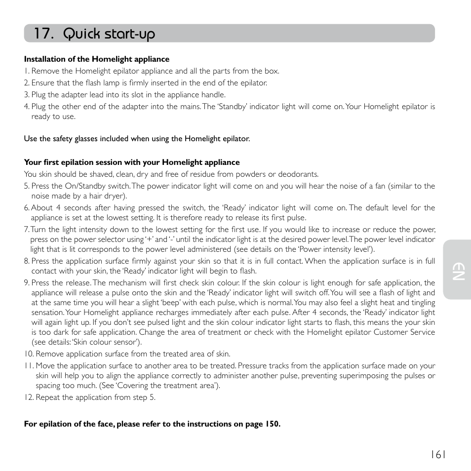 Quick start-up | Babyliss G920E Homelight Face & Body User Manual | Page 159 / 224