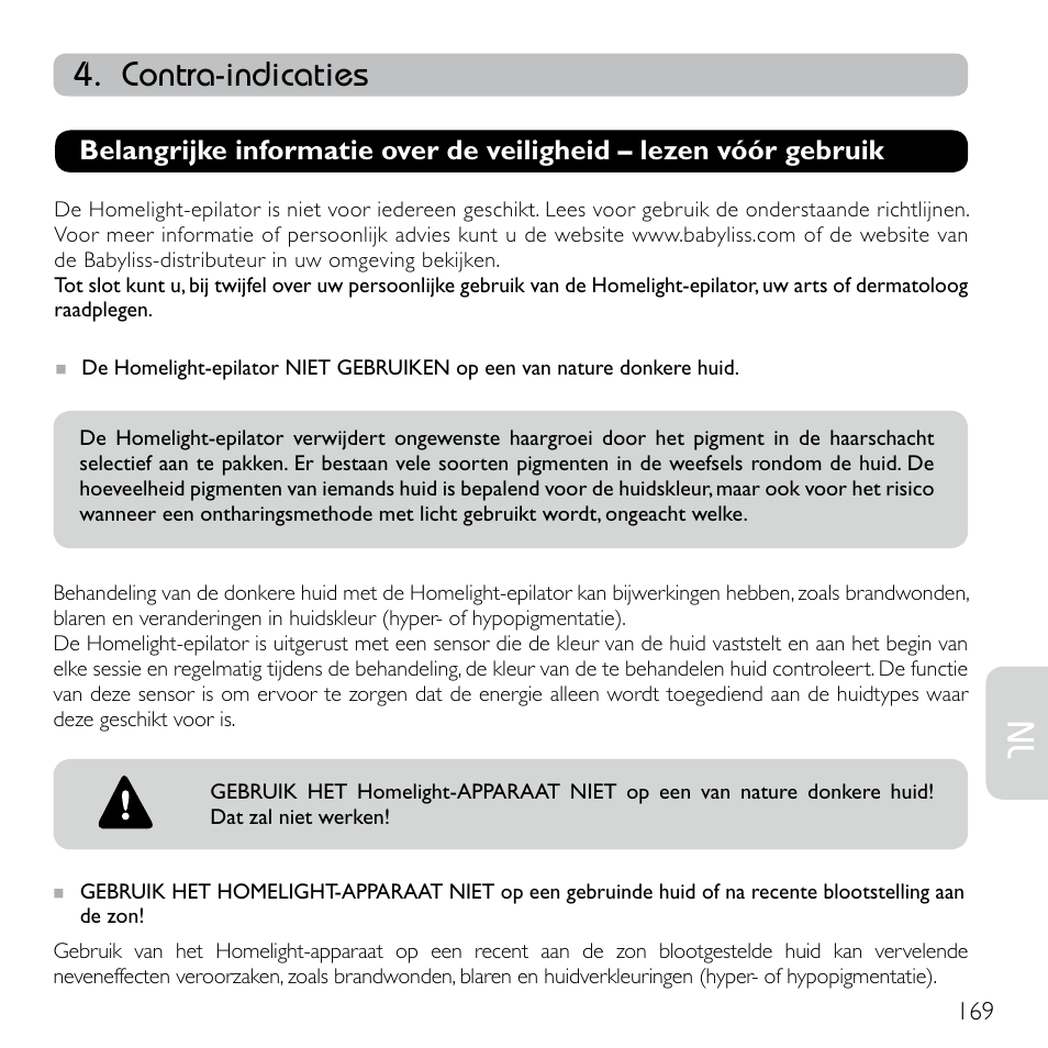 Contra-indicaties | Babyliss G920E Homelight Face & Body User Manual | Page 167 / 224