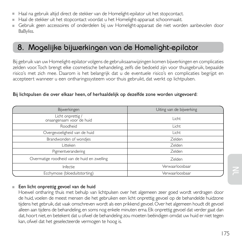 Mogelijke bijwerkingen van de homelight-epilator | Babyliss G920E Homelight Face & Body User Manual | Page 173 / 224