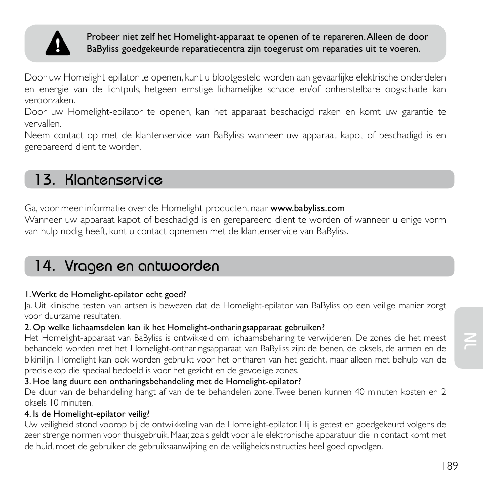 Klantenservice, Vragen en antwoorden | Babyliss G920E Homelight Face & Body User Manual | Page 187 / 224