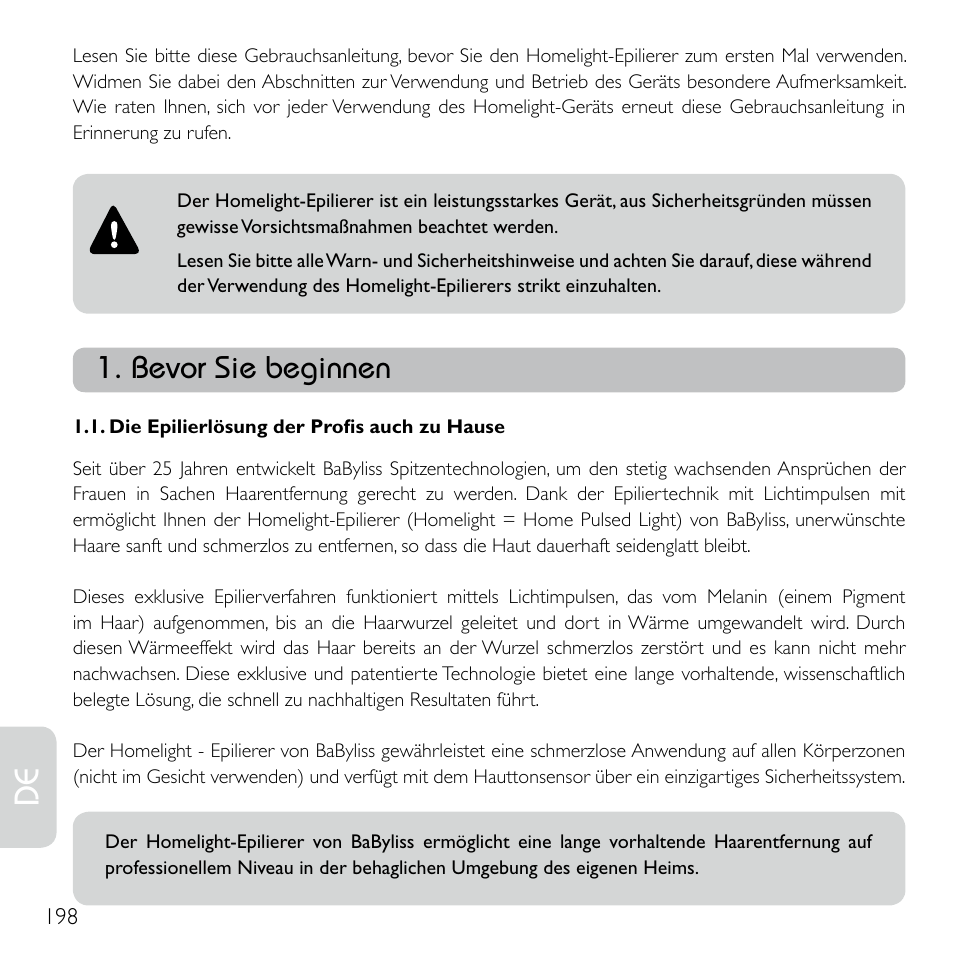 Bevor sie beginnen | Babyliss G920E Homelight Face & Body User Manual | Page 196 / 224