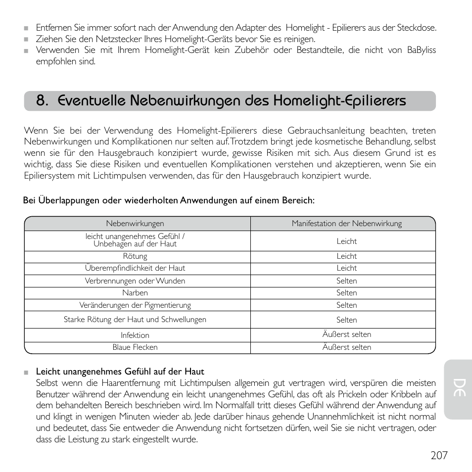 Eventuelle nebenwirkungen des homelight-epilierers | Babyliss G920E Homelight Face & Body User Manual | Page 205 / 224