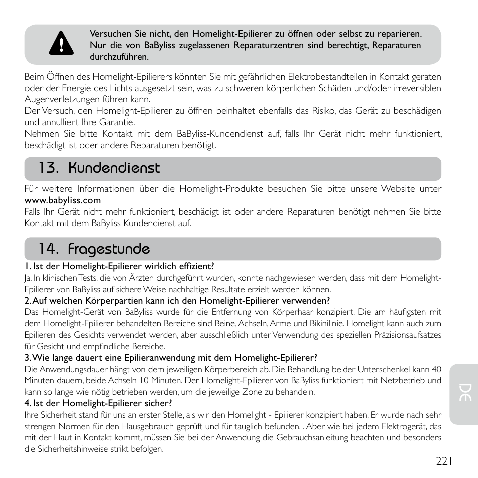 Kundendienst, Fragestunde | Babyliss G920E Homelight Face & Body User Manual | Page 219 / 224