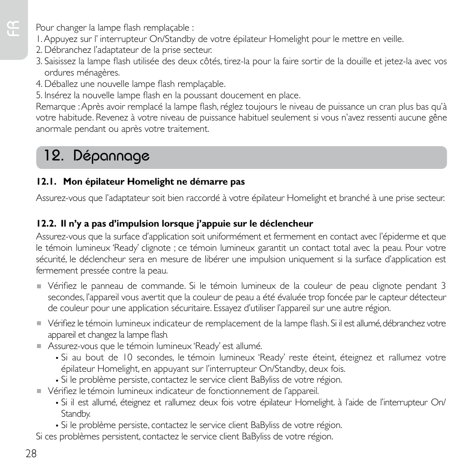 Dépannage | Babyliss G920E Homelight Face & Body User Manual | Page 26 / 224