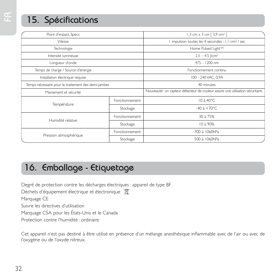 Spécifications, Emballage - etiquetage | Babyliss G920E Homelight Face & Body User Manual | Page 30 / 224