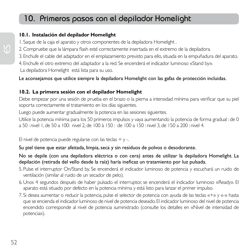 Primeros pasos con el depilador homelight | Babyliss G920E Homelight Face & Body User Manual | Page 50 / 224