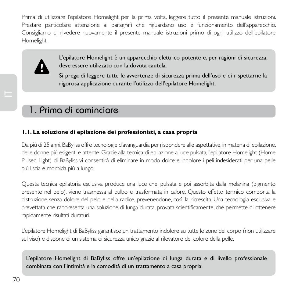 Prima di cominciare | Babyliss G920E Homelight Face & Body User Manual | Page 68 / 224