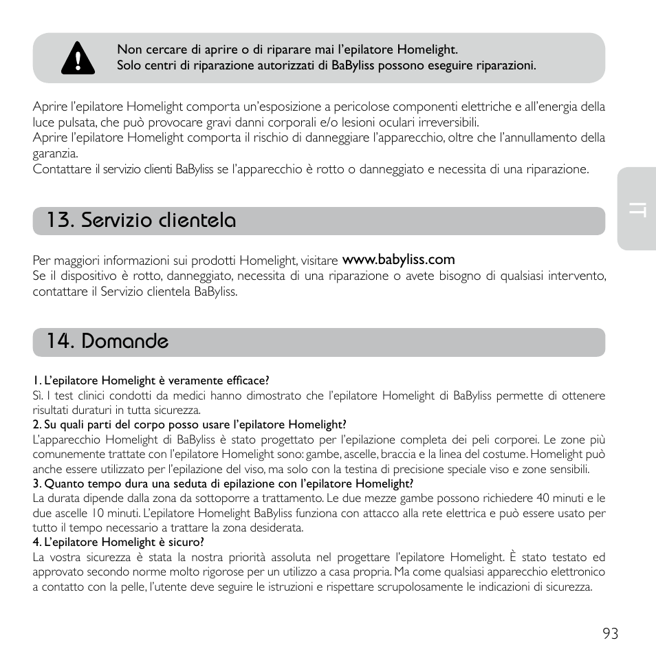 Servizio clientela, Domande | Babyliss G920E Homelight Face & Body User Manual | Page 91 / 224