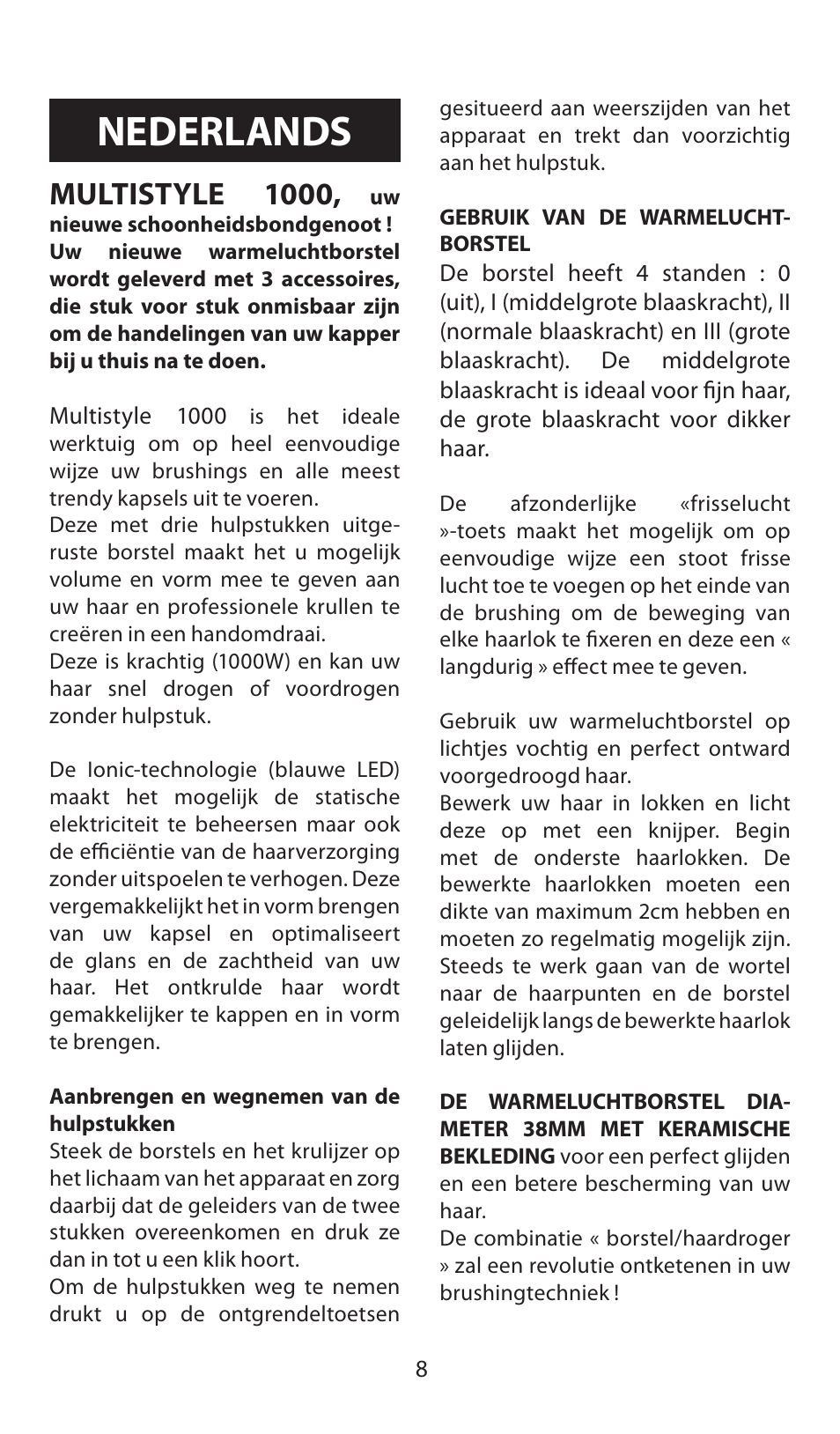 Nederlands, Multistyle 1000 | Babyliss AS100E Multistyle 1000 User Manual | Page 8 / 36