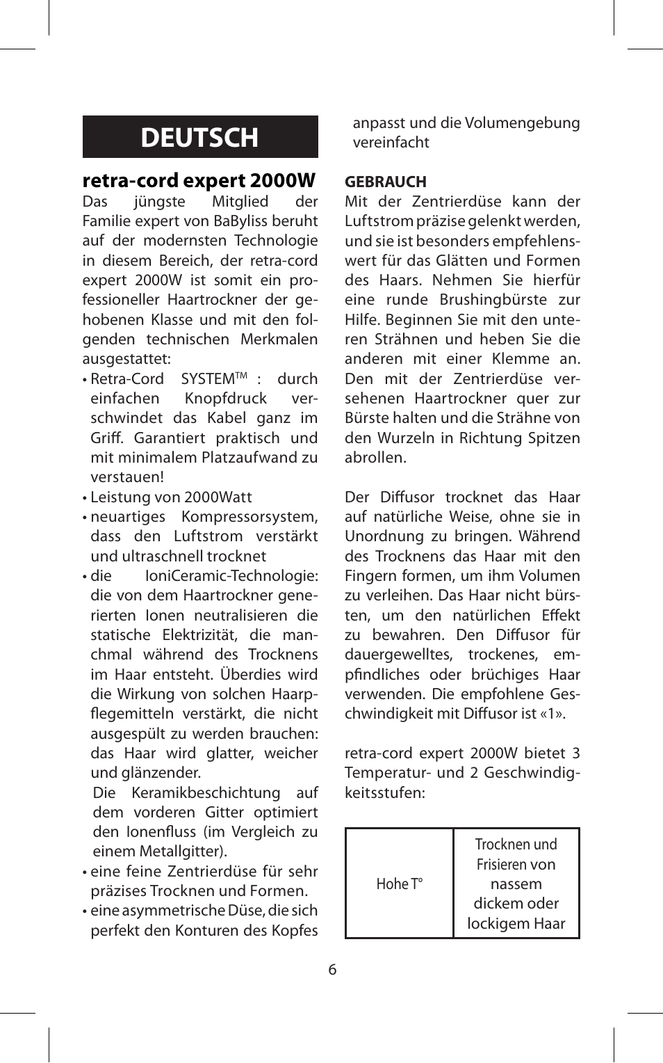 Deutsch, Retra-cord expert 2000w | Babyliss D171E Expert User Manual | Page 6 / 36