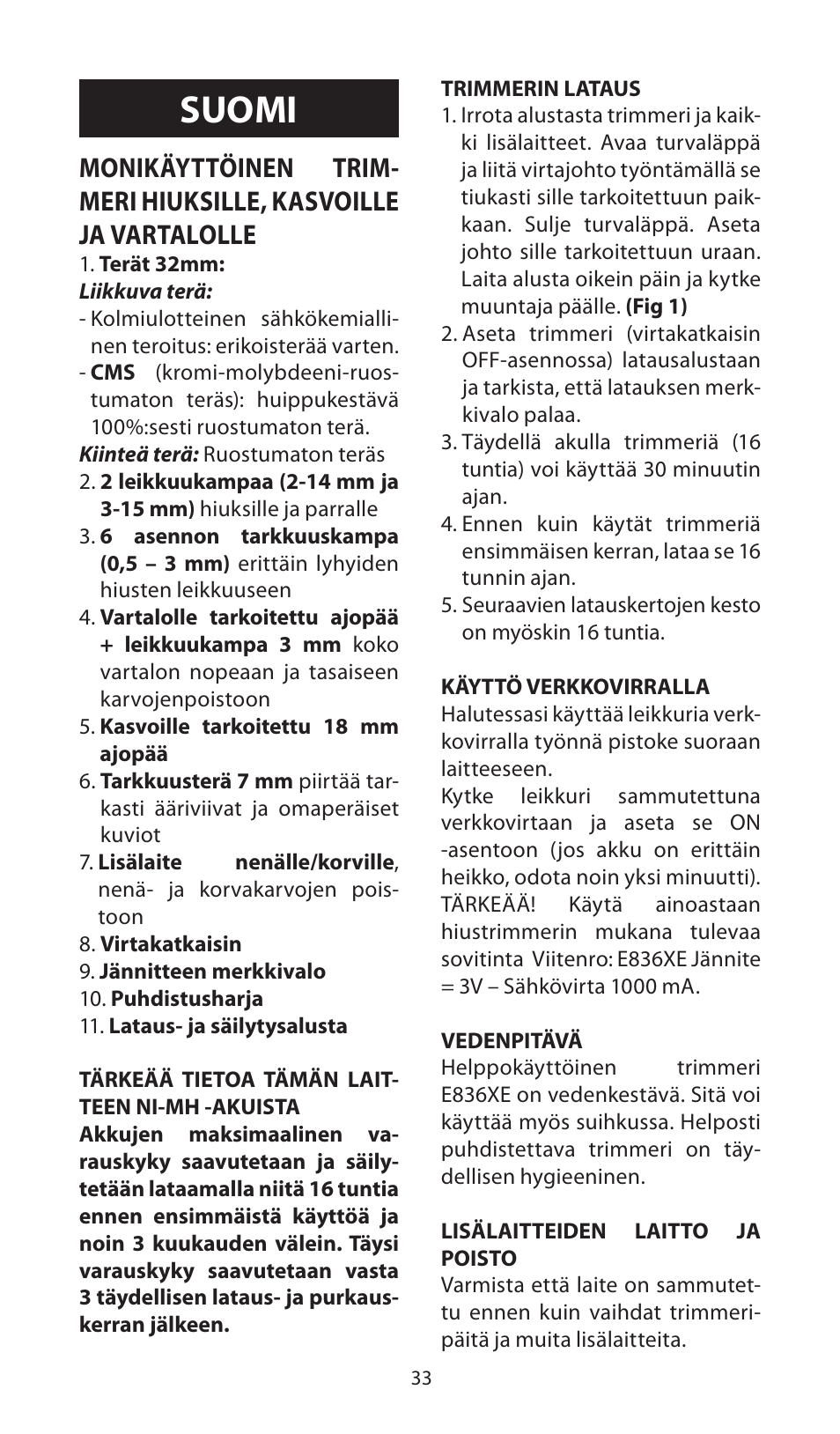 Suomi | Babyliss E836XE X-10 User Manual | Page 33 / 56