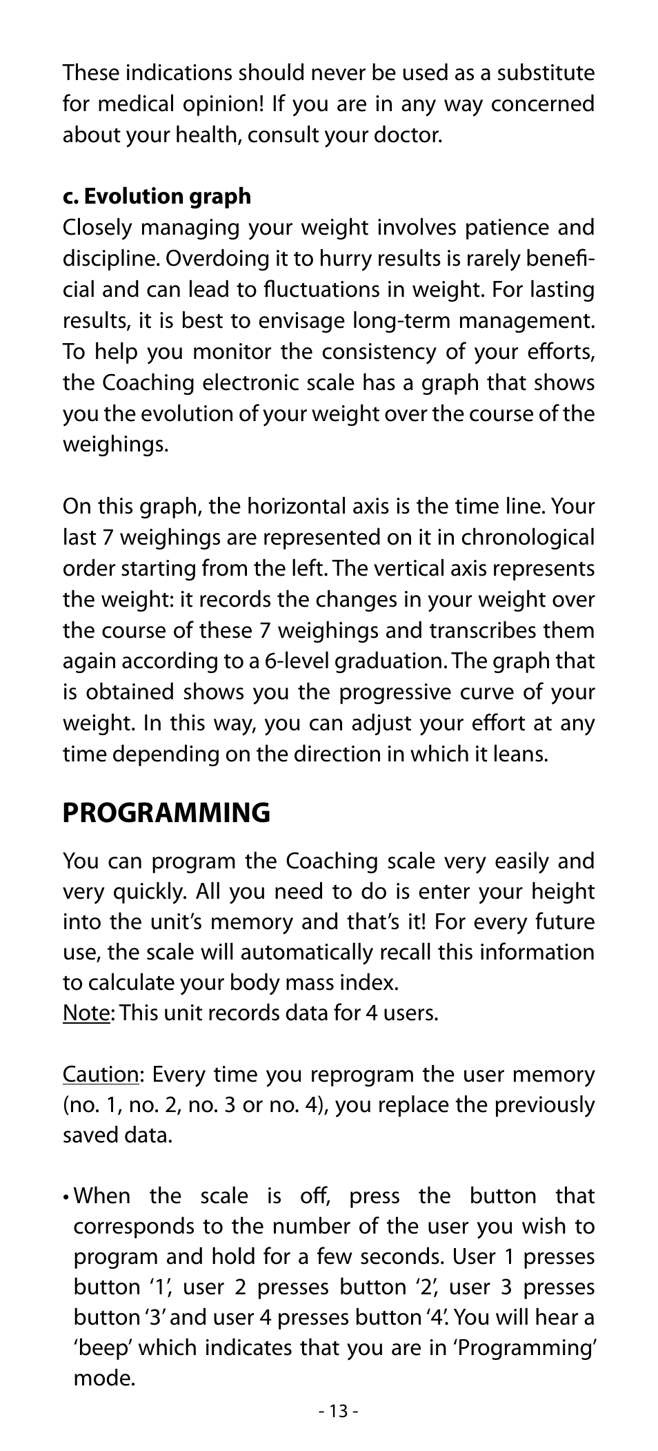 Programming | Babyliss SL33E PESE-PERSONNE ELECTRONIQUE COACHING User Manual | Page 13 / 78