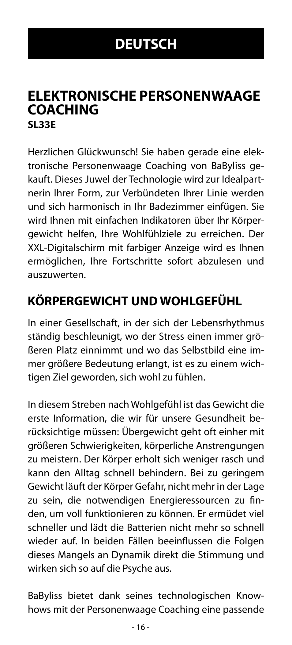 Elektronische personenwaage coaching, Deutsch | Babyliss SL33E PESE-PERSONNE ELECTRONIQUE COACHING User Manual | Page 16 / 78