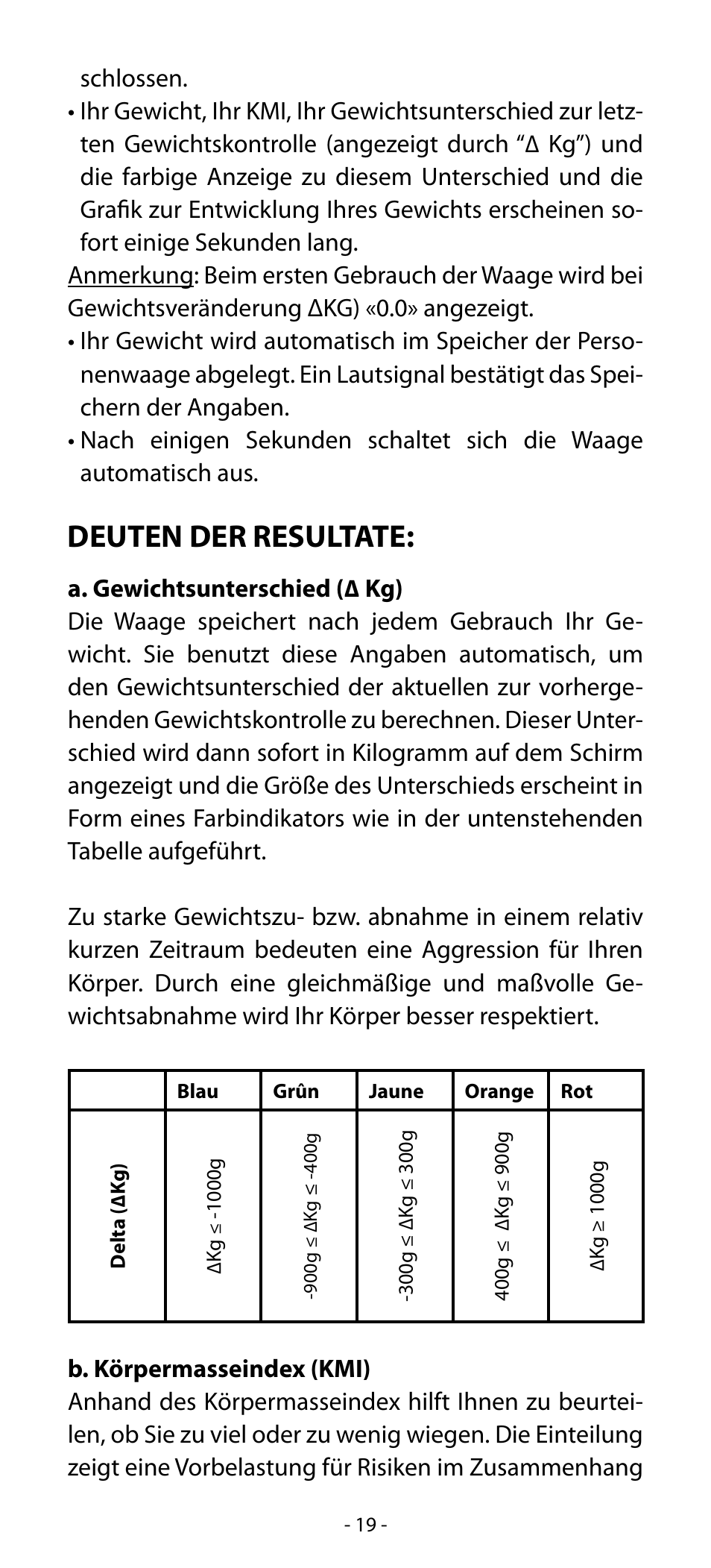 Deuten der resultate | Babyliss SL33E PESE-PERSONNE ELECTRONIQUE COACHING User Manual | Page 19 / 78