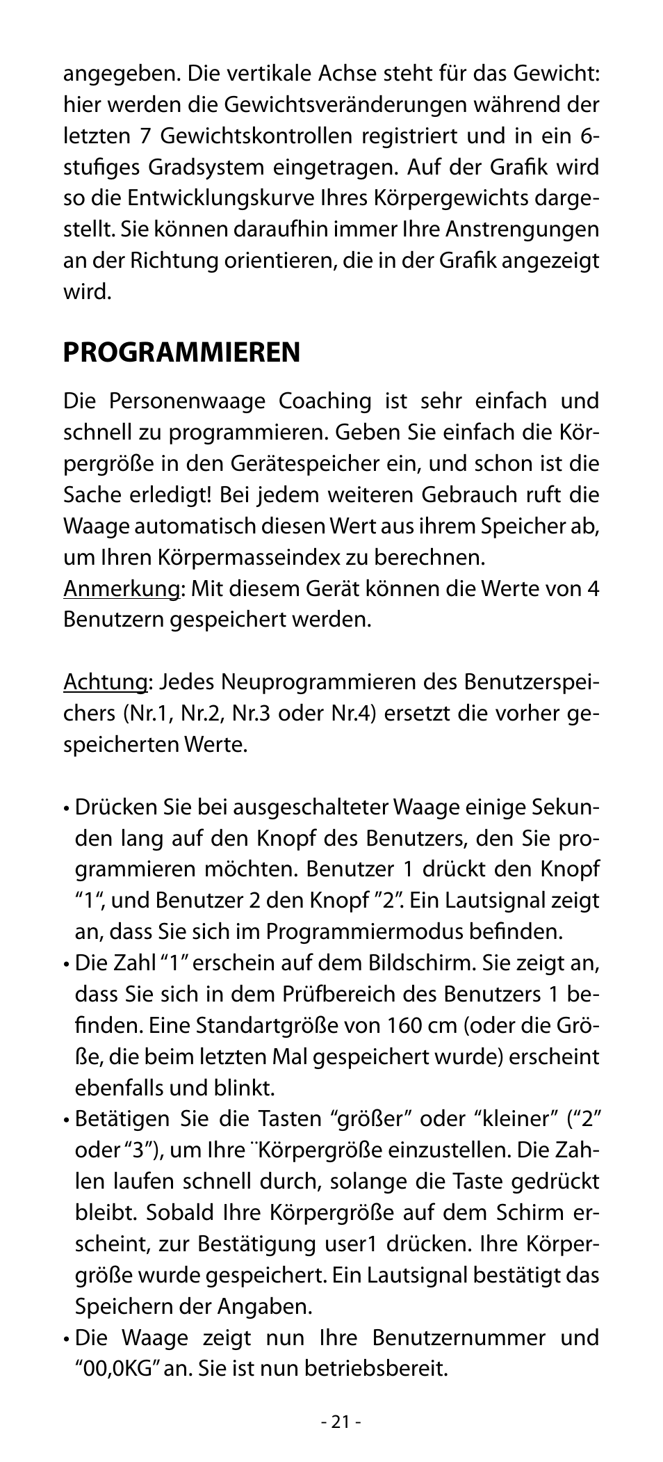 Programmieren | Babyliss SL33E PESE-PERSONNE ELECTRONIQUE COACHING User Manual | Page 21 / 78
