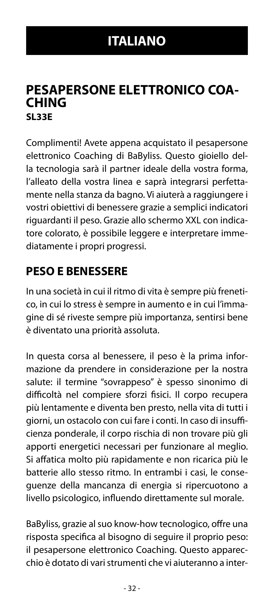 Pesapersone elettronico coa- ching, Italiano | Babyliss SL33E PESE-PERSONNE ELECTRONIQUE COACHING User Manual | Page 32 / 78