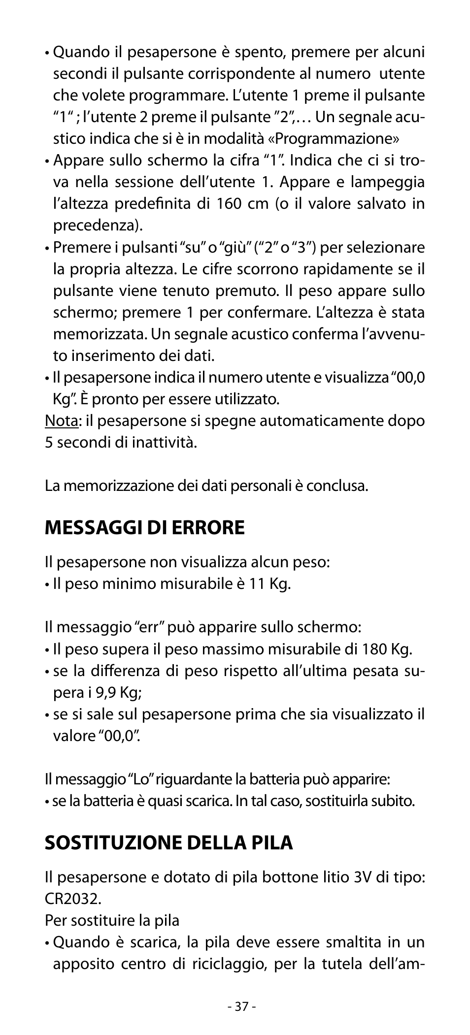Messaggi di errore, Sostituzione della pila | Babyliss SL33E PESE-PERSONNE ELECTRONIQUE COACHING User Manual | Page 37 / 78