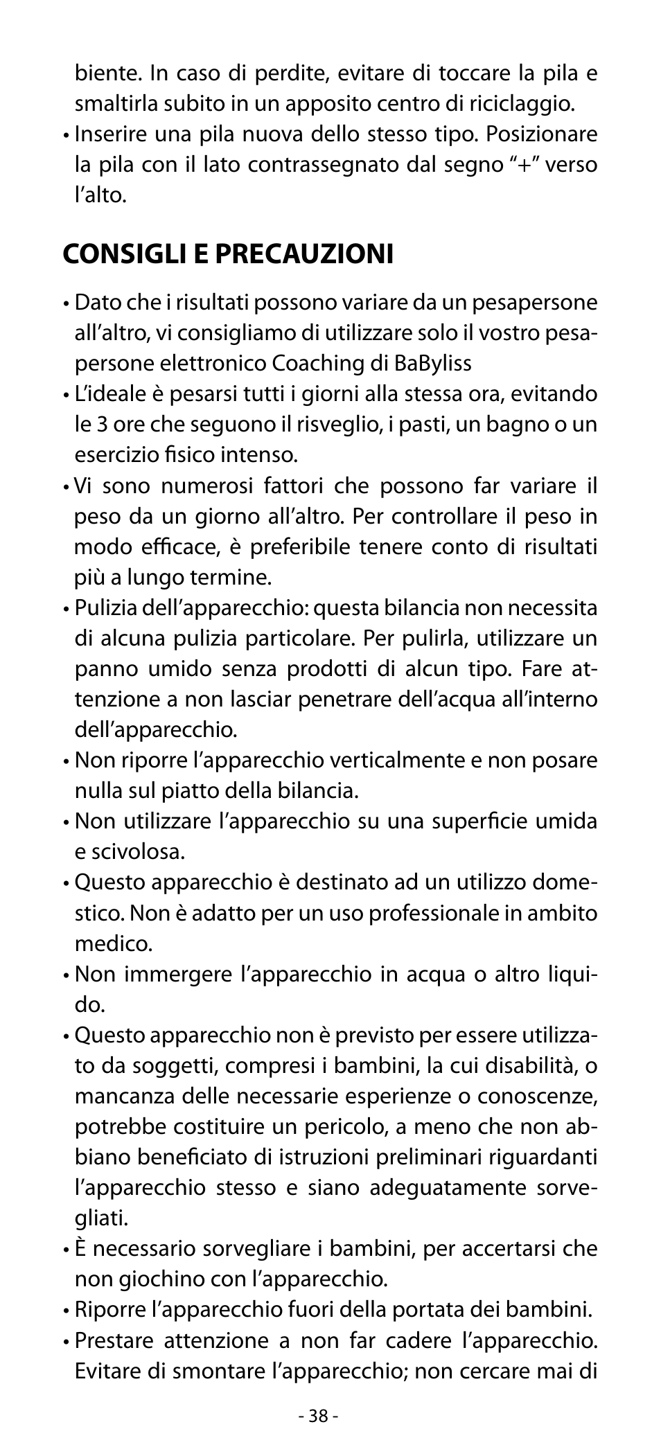Consigli e precauzioni | Babyliss SL33E PESE-PERSONNE ELECTRONIQUE COACHING User Manual | Page 38 / 78