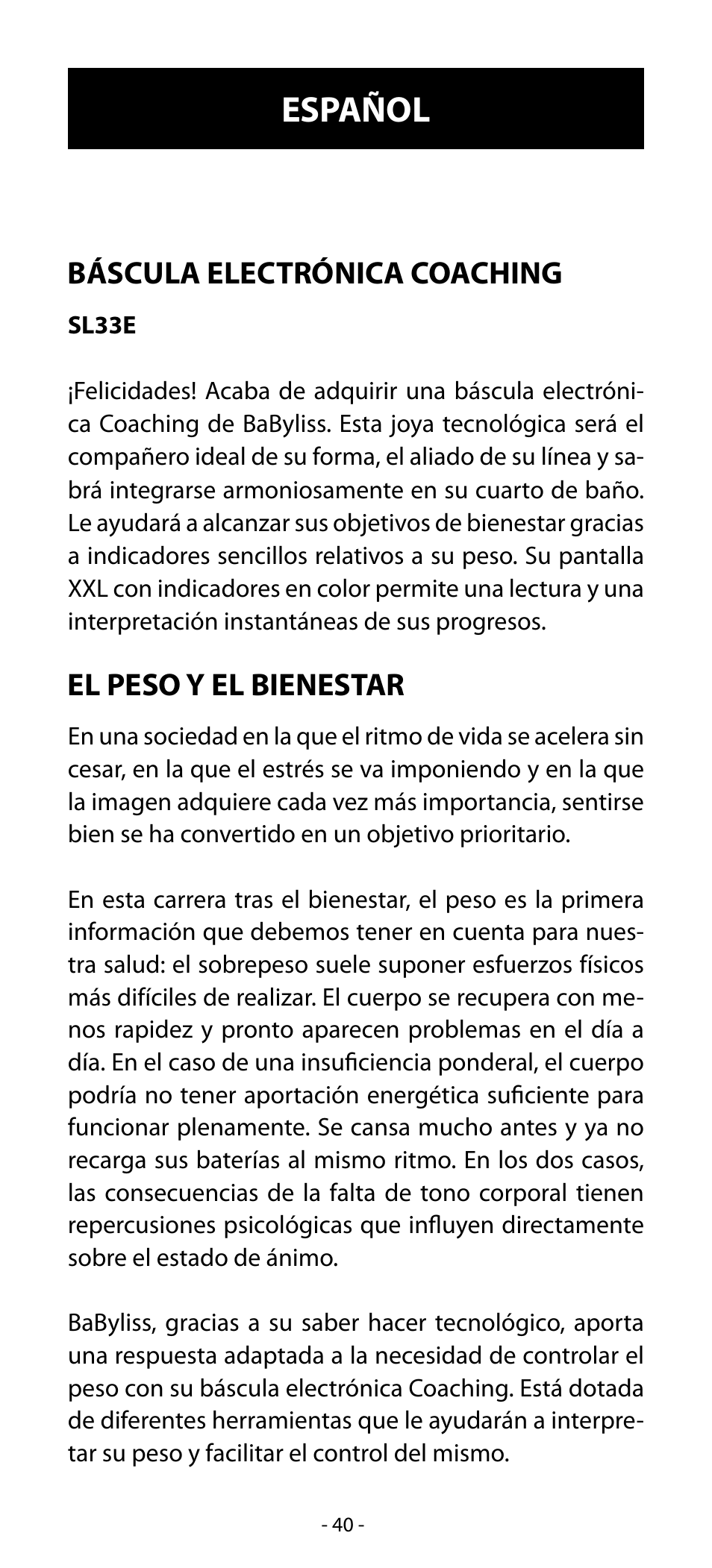Español, Báscula electrónica coaching, El peso y el bienestar | Babyliss SL33E PESE-PERSONNE ELECTRONIQUE COACHING User Manual | Page 40 / 78