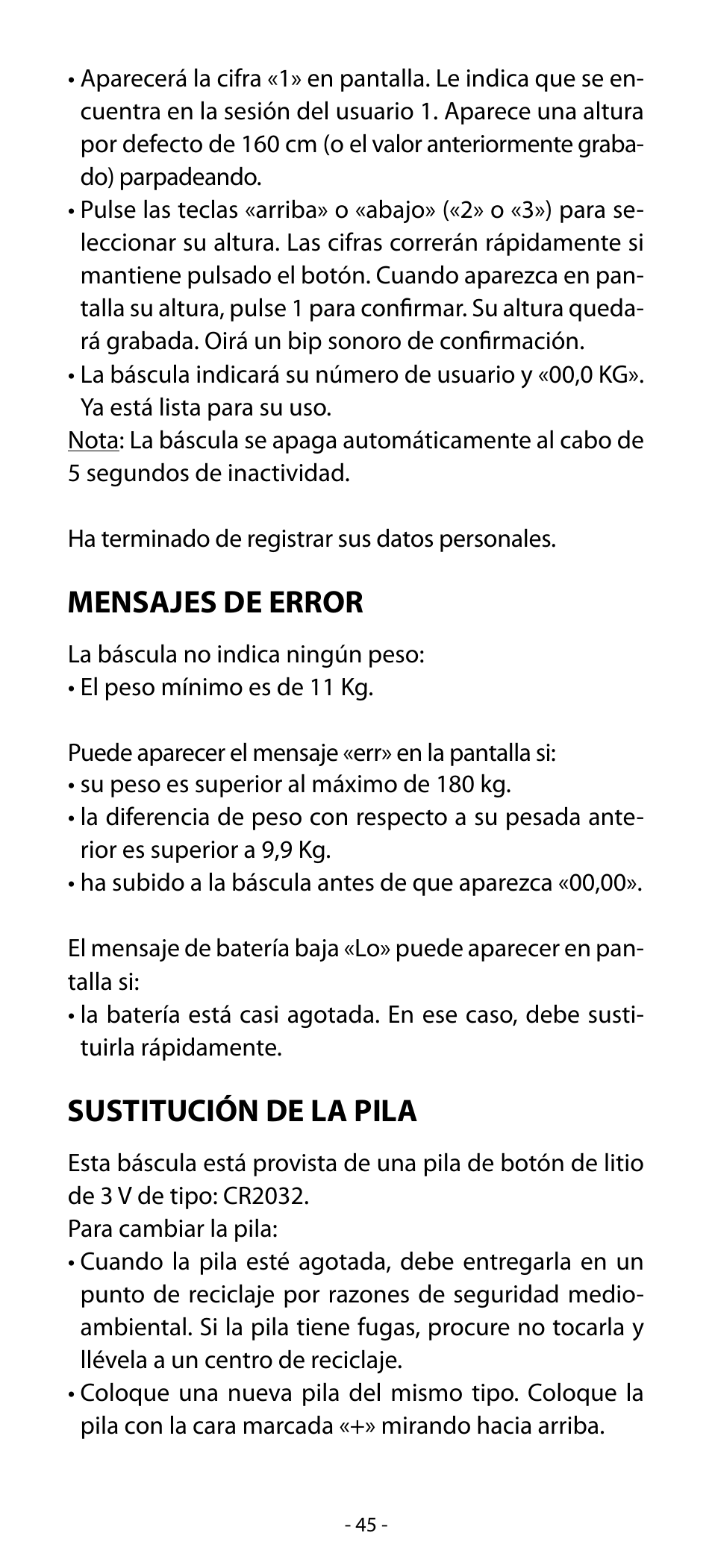 Mensajes de error, Sustitución de la pila | Babyliss SL33E PESE-PERSONNE ELECTRONIQUE COACHING User Manual | Page 45 / 78