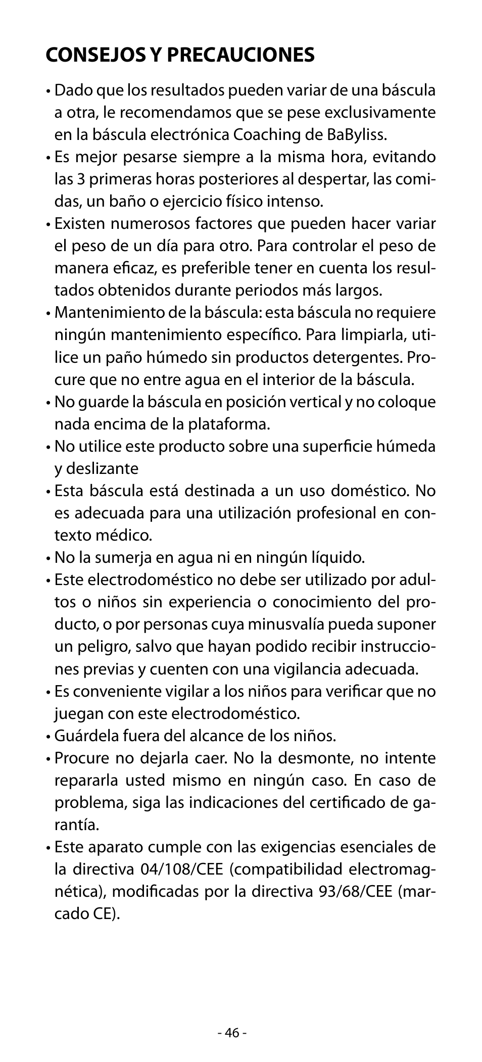 Consejos y precauciones | Babyliss SL33E PESE-PERSONNE ELECTRONIQUE COACHING User Manual | Page 46 / 78