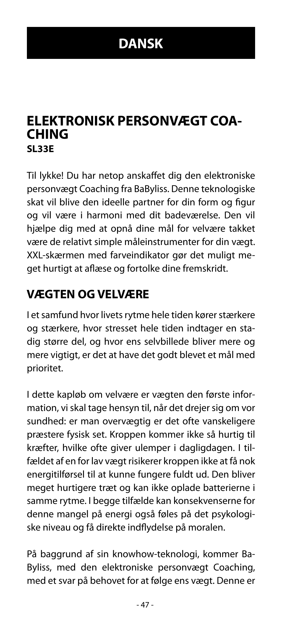 Elektronisk personvægt coa- ching, Dansk | Babyliss SL33E PESE-PERSONNE ELECTRONIQUE COACHING User Manual | Page 47 / 78