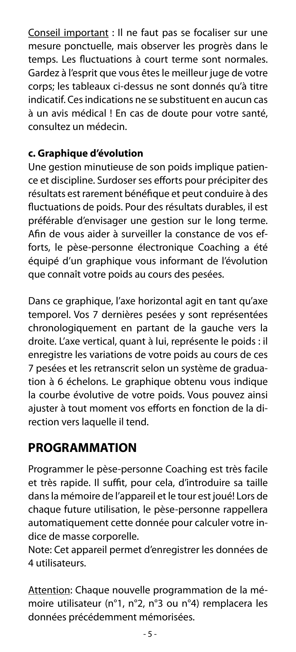 Programmation | Babyliss SL33E PESE-PERSONNE ELECTRONIQUE COACHING User Manual | Page 5 / 78
