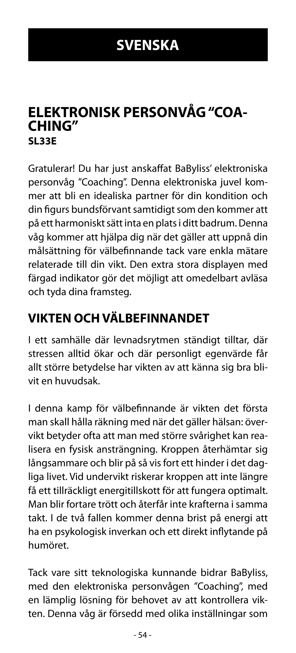 Elektronisk personvåg “coa- ching, Svenska | Babyliss SL33E PESE-PERSONNE ELECTRONIQUE COACHING User Manual | Page 54 / 78