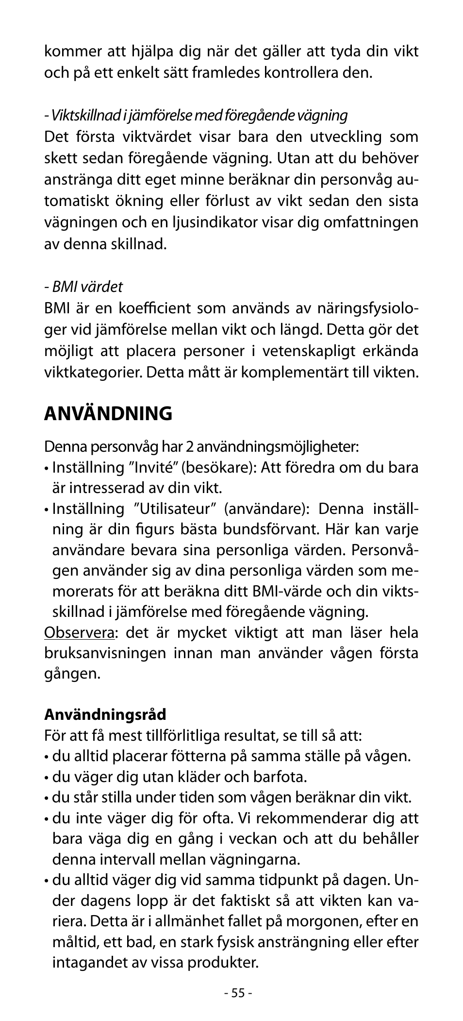 Användning | Babyliss SL33E PESE-PERSONNE ELECTRONIQUE COACHING User Manual | Page 55 / 78