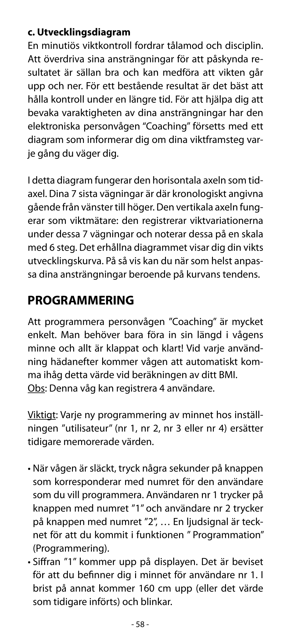 Programmering | Babyliss SL33E PESE-PERSONNE ELECTRONIQUE COACHING User Manual | Page 58 / 78