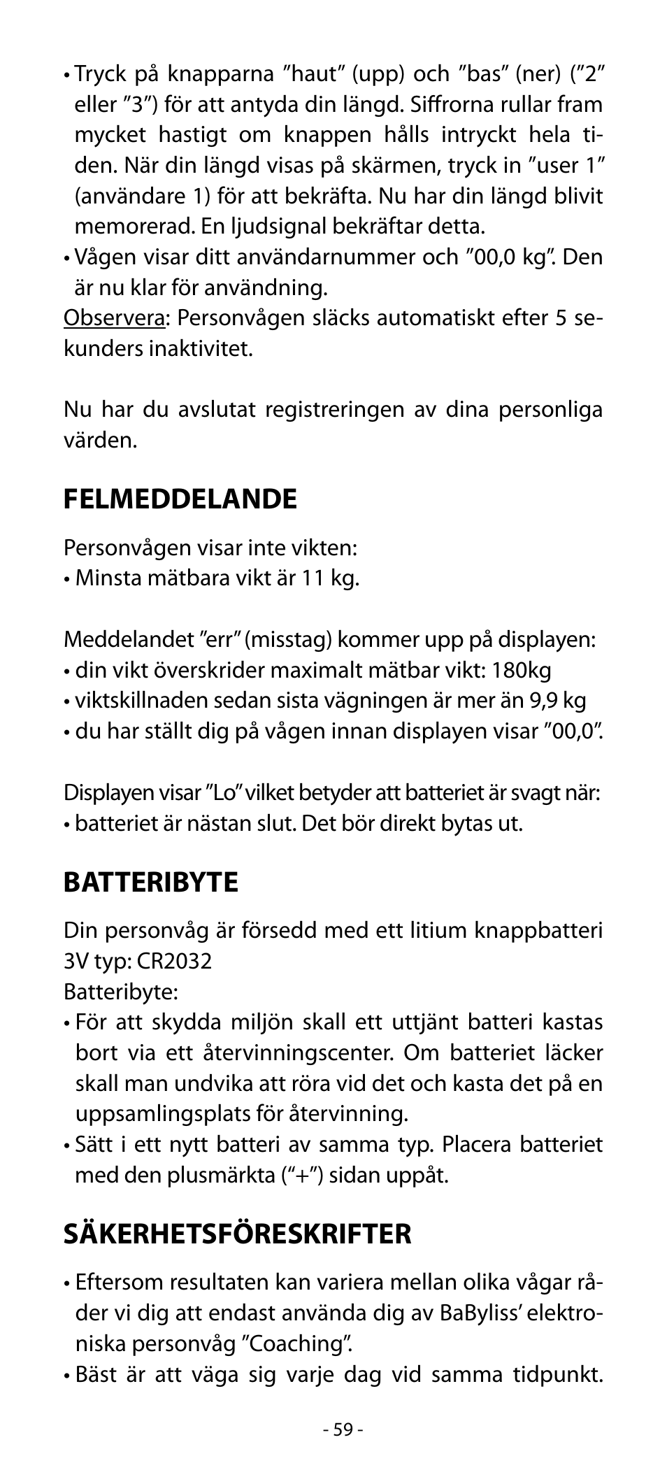 Felmeddelande, Batteribyte, Säkerhetsföreskrifter | Babyliss SL33E PESE-PERSONNE ELECTRONIQUE COACHING User Manual | Page 59 / 78