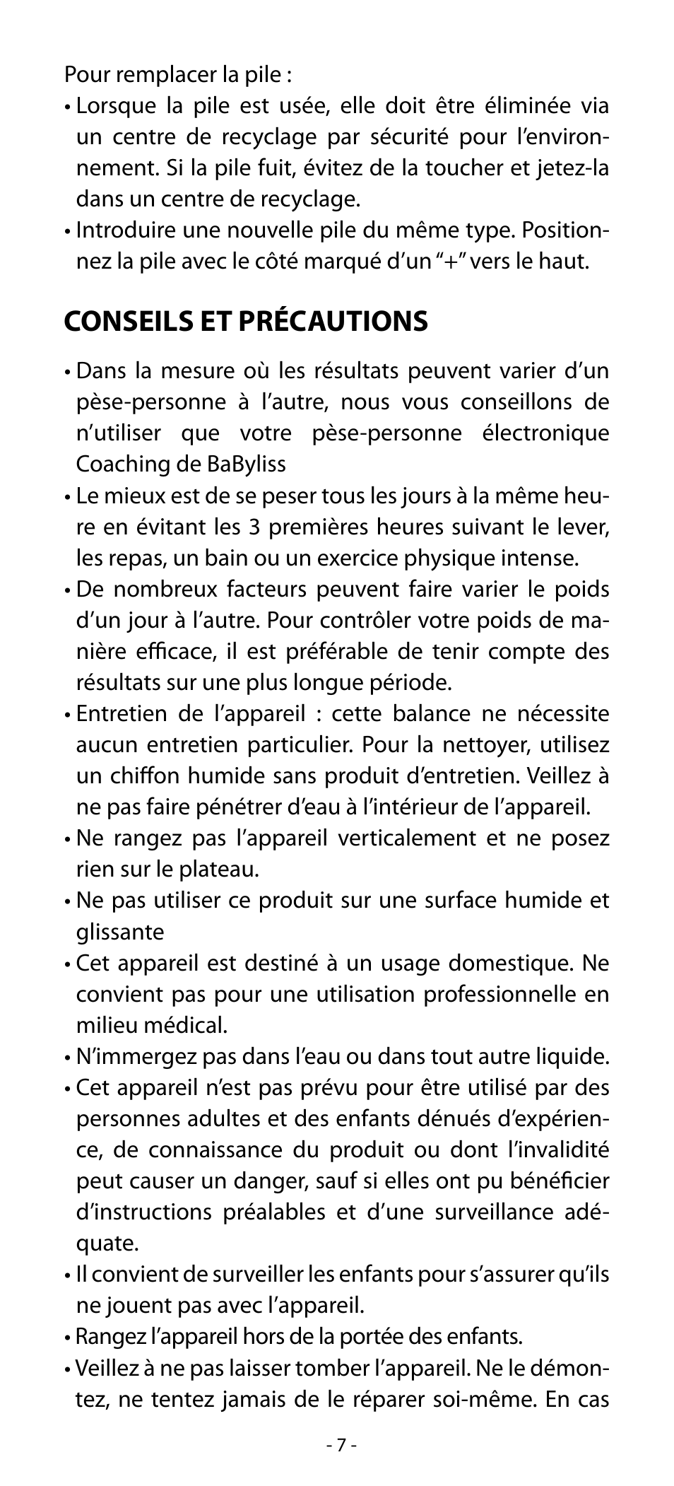 Conseils et précautions | Babyliss SL33E PESE-PERSONNE ELECTRONIQUE COACHING User Manual | Page 7 / 78