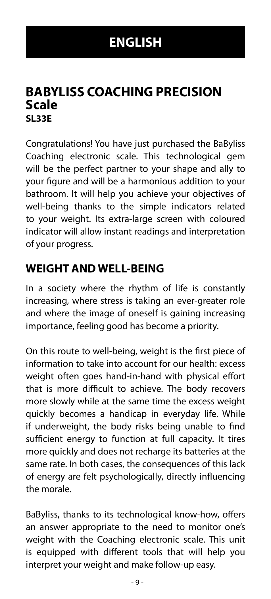 Babyliss coaching precision scale, English | Babyliss SL33E PESE-PERSONNE ELECTRONIQUE COACHING User Manual | Page 9 / 78