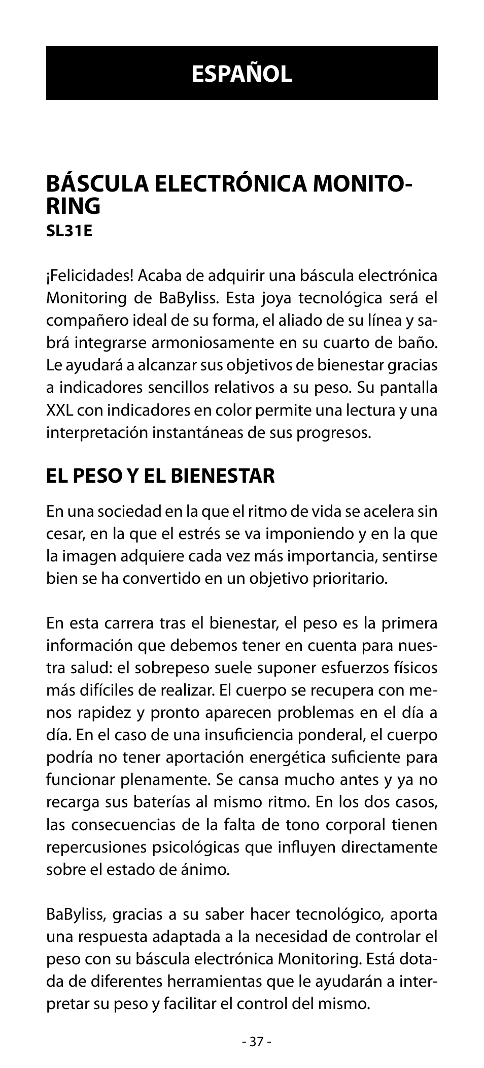 Báscula electrónica monito- ring, Español | Babyliss SL31 Electronic Monitoring Scale User Manual | Page 37 / 72