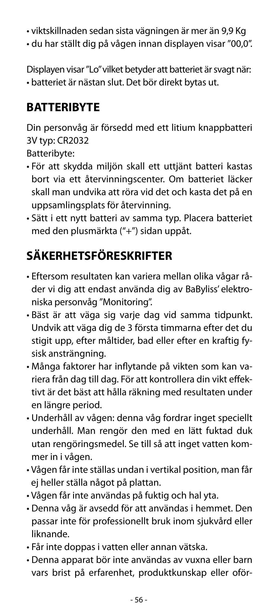 Batteribyte, Säkerhetsföreskrifter | Babyliss SL31 Electronic Monitoring Scale User Manual | Page 56 / 72