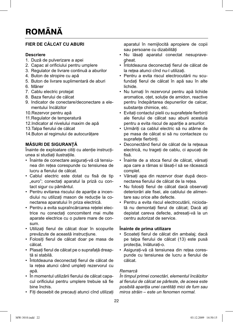Română | MAXWELL MW-3010 R User Manual | Page 22 / 44